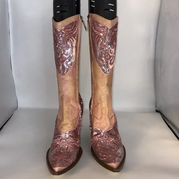 Damy Western Cowboy BootsItaly Haute Couture Sequinned Leather EU 40 US 9 9.5